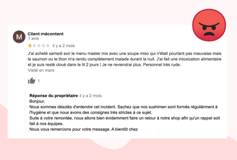 Exemple de réponse professionnelle à un avis négatif sur Google Business Profile.