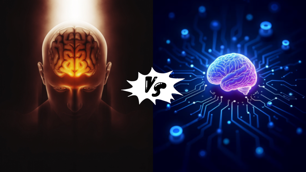 Une illustration conceptuelle du duel entre l'intelligence artificielle (ChatGPT) et le cerveau créatif d'un rédacteur web SEO humain.