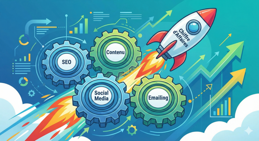 Schéma des leviers du webmarketing : SEO, Inbound et Social Media.