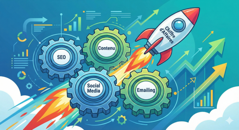 Schéma des leviers du webmarketing : SEO, Inbound et Social Media.