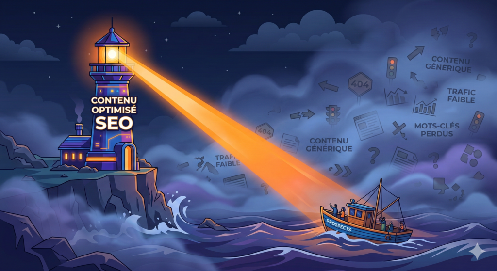 Illustration moderne d'un phare puissant nommé "CONTENU OPTIMISÉ SEO" dont le faisceau guide un bateau "PROSPECTS" à travers un brouillard épais rempli d'icônes génériques perdues. Style vectoriel épuré aux couleurs bleu, violet et orange électrique.