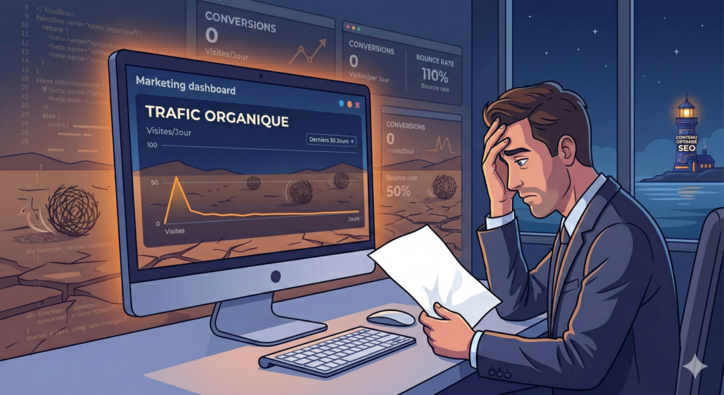 Illustration moderne, suite logique de l'image précédente. Un tableau de bord numérique montre une courbe de "TRAFIC ORGANIQUE" désespérément plate. Des virevoltants (tumbleweeds) roulent sur un paysage digital désert. Un homme d'affaires déçu regarde l'écran en tenant une page blanche.
