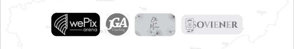 Visuel sur une carte de l'Occitanie en fond, et les logos des entreprise Soviener, Wepix Arena, JGA Coaching et Elle et Manue, en monochrome.